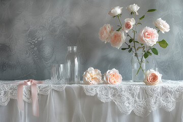 The photo presents an elegant still life of pale pink roses arranged in a glass vase on a table adorned with a lace tablecloth and accented by a simple glass bottle and drinking glass, set against a t - Powered by Adobe