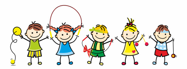 Group of five children, girls and boys, games, sport activity, paddle ball uno, tap ball touch, jump rope, diabolo, lato, yo yo, vector illustration
