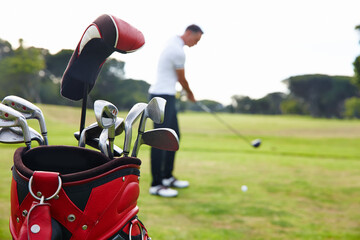 Player, man and club set on golf course for swing, training and professional sport on field....