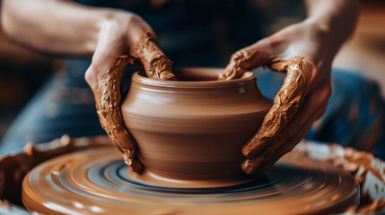 Pottery Creation. process of pottery creation. The spotlight is on a pair of hands, smeared with wet clay, skillfully shaping a vessel on a rotating pottery wheel.