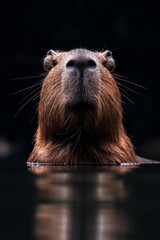 Reflective and soulful portrait of a capybara in dark water, gazing into distance