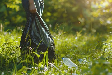 Green efforts, person gathering litter in sunlight-dappled forest - individual environmental action and forest conservation - 790201737