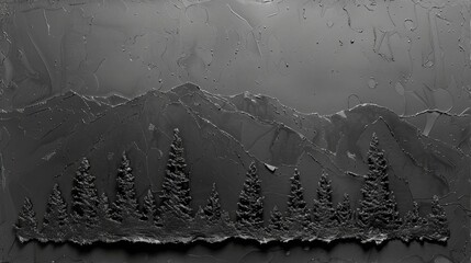 Monochromatic, textured mountain and trees landscape in charcoal gray