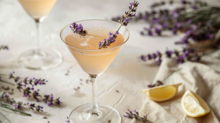 A glass of pink drink with a slice of lemon and lavender flowers on top. Concept of drinks, cocktails. - obrazy, fototapety, plakaty