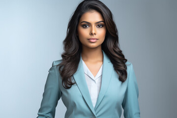 Young indian businesswoman in suit standing on white background