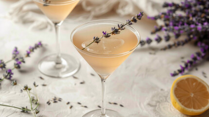 A glass of pink drink with a slice of lemon and lavender flowers on top. Concept of drinks,...