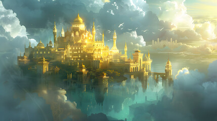 The golden fortress in the clouds. bathed in emerald light and encircled by mist