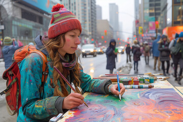 Naklejka premium Young Artist Focused on Painting a Swirling Mural in Urban Winter