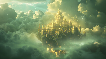 The golden fortress in the clouds. bathed in emerald light and encircled by mist - obrazy, fototapety, plakaty