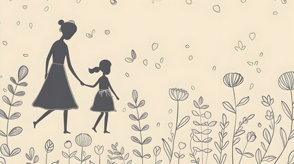 Mother and Child Walking Through Spring Floral Park Silhouette