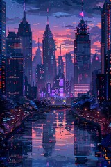 Illustrate a bustling cityscape with skyscrapers looming in the distance using a pixel art technique Include a winding river reflecting the neon lights of the city