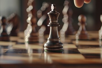 A wooden chess piece is on a checkered board