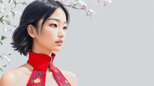 Asian female model with dark hair wearing a red halter top standing against a gray background with flowers. Animation with zoom effect. High quality 4k footage
