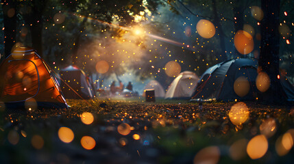 Twinkling blurred perspective of a summer atmosphere on the campsite with tents and campfires. starry sky.  - obrazy, fototapety, plakaty