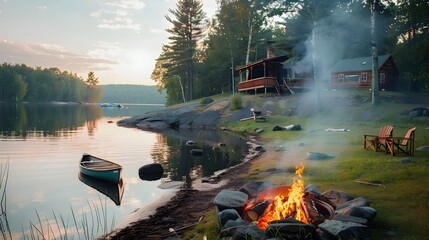 Cozy Lakeside Retreat with Crackling Campfire and Nostalgic Summer Vibes