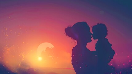 Silhouetted Embrace in a Radiant Sunset:A Tender Mother-Child Moment of Peace and Affection - obrazy, fototapety, plakaty