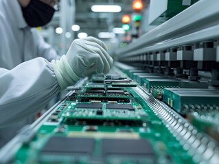 A man is working on a computer chip assembly line. Concept of precision and focus, as the worker carefully handles the delicate components