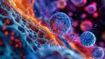 A close up of a cell with two red spheres in the middle. The cell is surrounded by a blue and orange background.