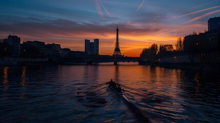 Picturesque Parisian Sunset Over the Seine River with Rowers Practicing Amidst the Iconic Cityscape of the French Capital - obrazy, fototapety, plakaty