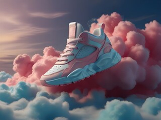 sneaker concept, made out of cotton candy clouds , luxury, futurist, stunning unreal engine render, product photography, 8k, hyper-realistic. surrealism, mockup