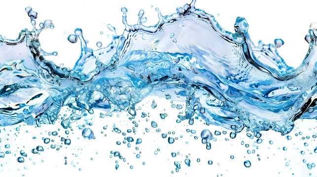 Water wave splash isolated on white background. blue water flow with bubbles and drops in the air. Water concept for design banner