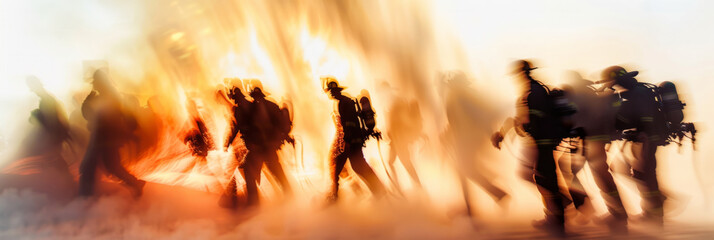 a long exposure photograph of multiple people firefighters putting out a fire, motion blur