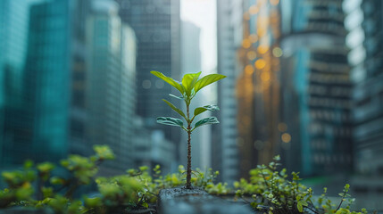 A young tree in sharp focus with a blurred backdrop of towering city skyscrapers symbolizing resilience and sustainability in business