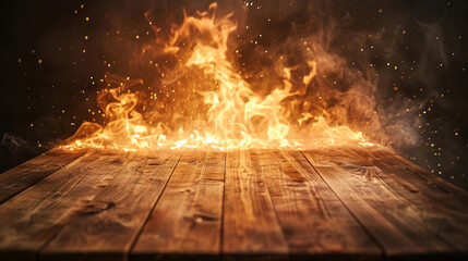 A serene wooden table disrupted by a burning edge with flames smoke and sparks adding an element of danger and excitement - obrazy, fototapety, plakaty