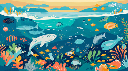 A clean illustration of an unpolluted ocean teeming with marine life, advocating for the protection of marine environments. , flat illustration