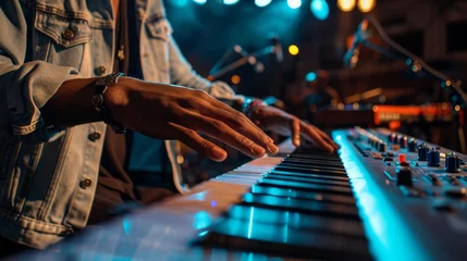 Muurstickers Close up of a male keyboard player at a concert fingers flying over the keys spotlight highlighting his expression of deep concentration © BritCats Studio