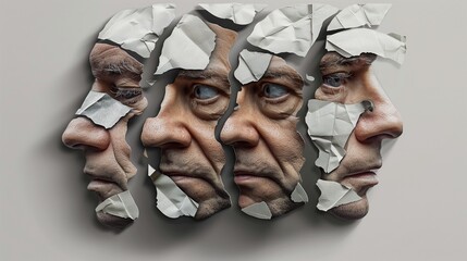 Four Ripped Up Photographs of an Older Man's Face Pulling Different Expressions, Abstract Art, State of Mind Concept