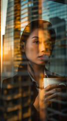 A businesswoman gazes intently through the window. With coffe mug in the hands. The background consists of a blurred cityscape with multiple skyscrapers. Copy space