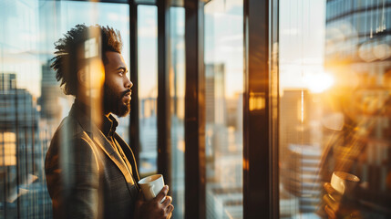 A businessman gazes intently through the window. With coffe mug in the hands. The background consists of a blurred cityscape with multiple skyscrapers. Copy space