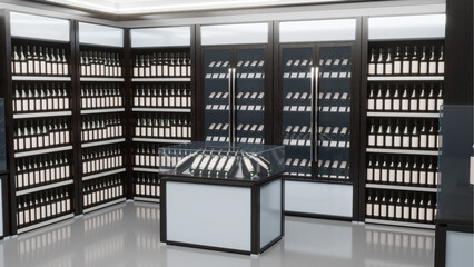 Wine store interior with luxury ebony cabinets, showcases, wine bottles with blank labels. 3d illustration