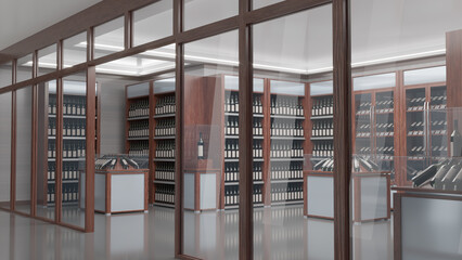 Wine store glass facade with wooden cabinets and showcases inside. 3d illustration