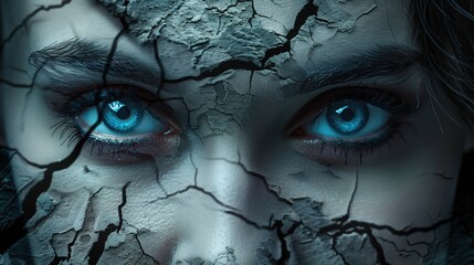 Close-up Portrait of a Blue-Eyed Woman's Face Made of Stone with Cracks, Mental Health Concept

