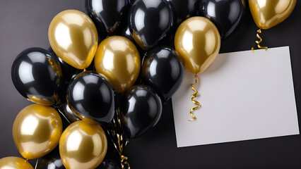Black and gold balloons with golden ribbon on black background with copy space