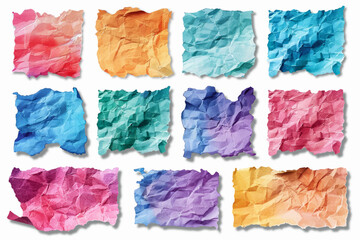 Paper tear texture, paper cut. Assorted collection of colorful crinkled paper Sheets. Notebook empty pages set, vintage rainbow pages scrapbooking elements.	

