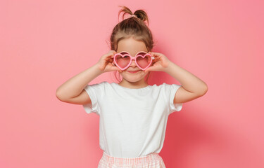 A cute little girl holds heart-shaped glasses on her head against a pink background. She is wearing a white t-shirt and skirt