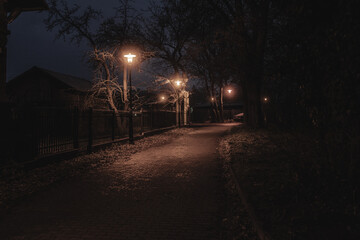 ciemna uliczka w nocy w mieście z latarniami we mgle - obrazy, fototapety, plakaty