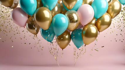 colorful balloons with golden confetti on pink background