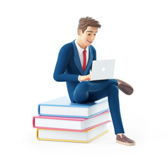 3d cartoon businessman sitting on books with laptop