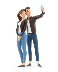 3d cartoon man and woman taking selfie on mobile phone
