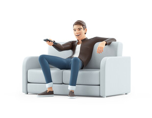 3d cartoon man sitting in sofa and zapping