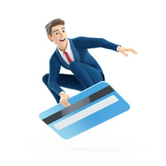 3d cartoon businessman surfing on credit card