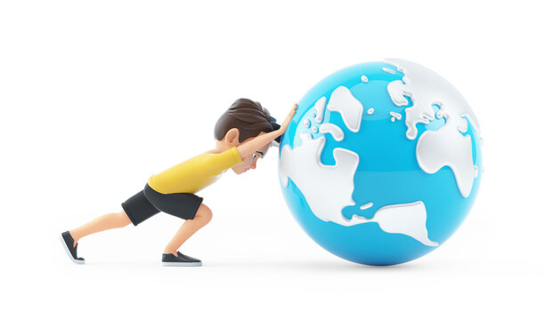 3d boy pushing planet earth