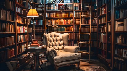 Cozy and Inviting Reading Nook Surrounded by Bookshelves Filled with Literature and Warm Lighting