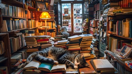 Cozy Antique Bookstore with Rare Literary Collections and Curious Feline Inhabitant - obrazy, fototapety, plakaty