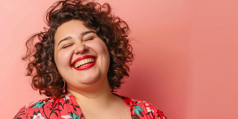 Happy woman smiling. confident girl laughing. pink background.