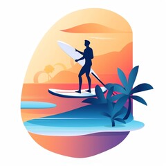 Minimalist UI illustration of Surfing in a flat illustration style on a white background with bright Color scheme, dribbble, flat vector, photographic style